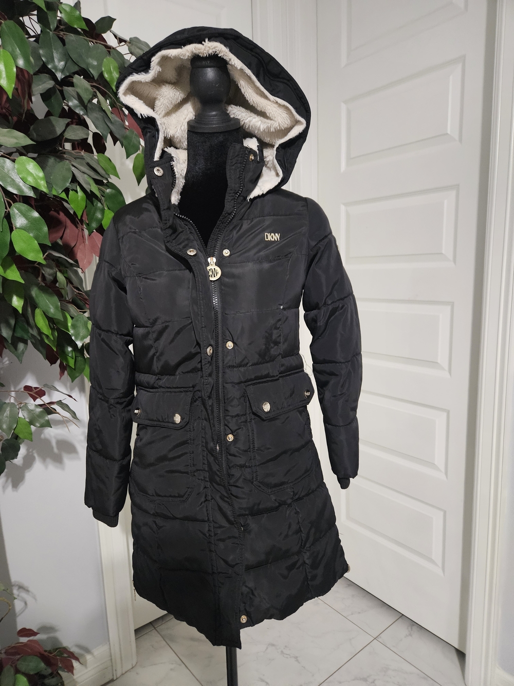 DKNY Black Long Hooded Puffer Coat with Cream Faux-Fur Lining